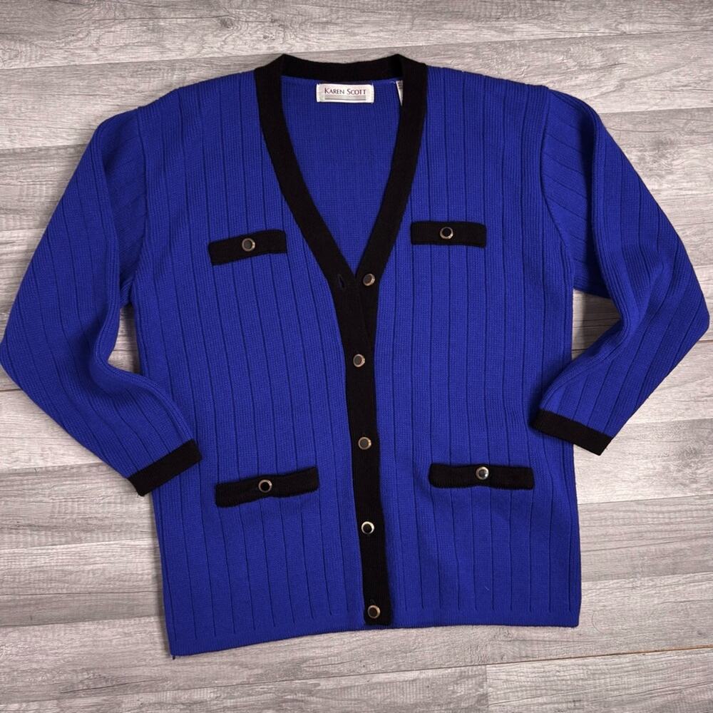 Vintage Royal Blue Black Trim Cardigan Sweater 80s 90s Preppy Old Money Large